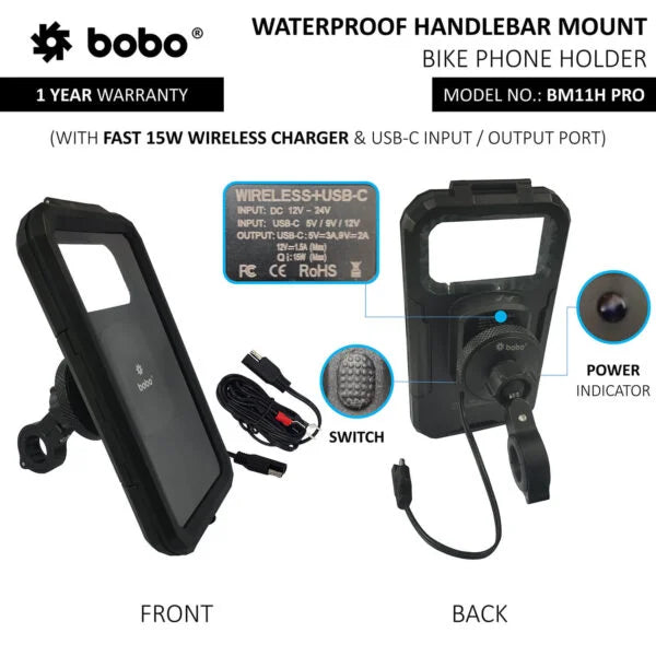 PRO Fully Waterproof Bike Phone Holder with Vibration Controller (with Fast 15W Wireless Charger & USB-C Input/Output Port) Motorcycle Mobile Mount - BOBO - BB-BM-011-111001