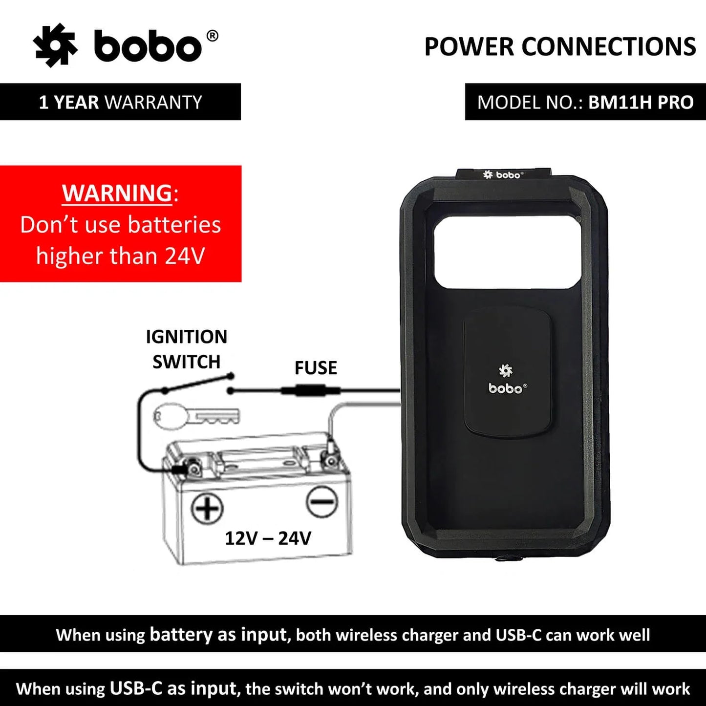 PRO Fully Waterproof Bike Phone Holder with Vibration Controller (with Fast 15W Wireless Charger & USB-C Input/Output Port) Motorcycle Mobile Mount - BOBO - BB-BM-011-111001