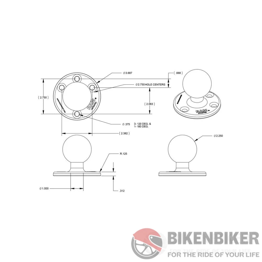 Ram Mounts Base 3.68 Large Round Plate With Ball Ram Accessory